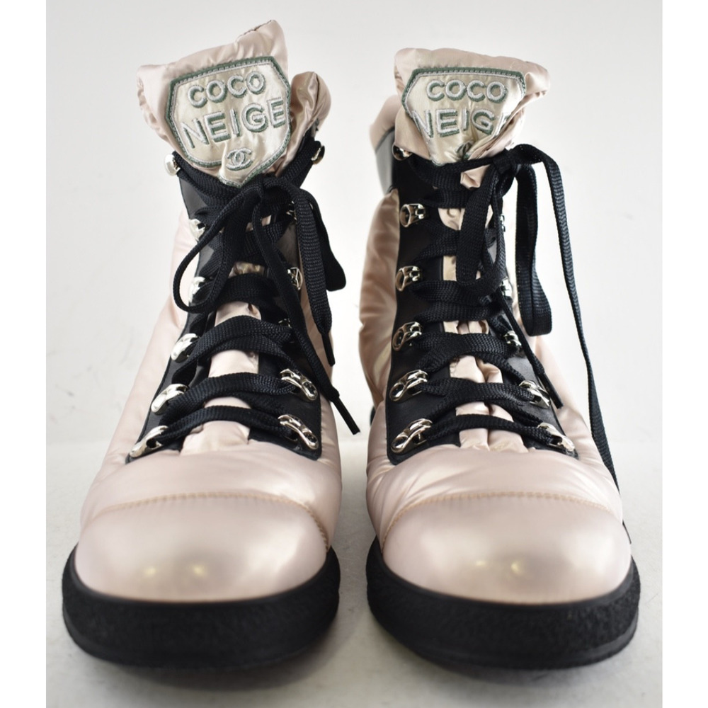 Chanel 18B Coco Neige Pink Black CC Logo Snow Winter Lace Up Tie Combat Boots 37 - Picture 8 of 16